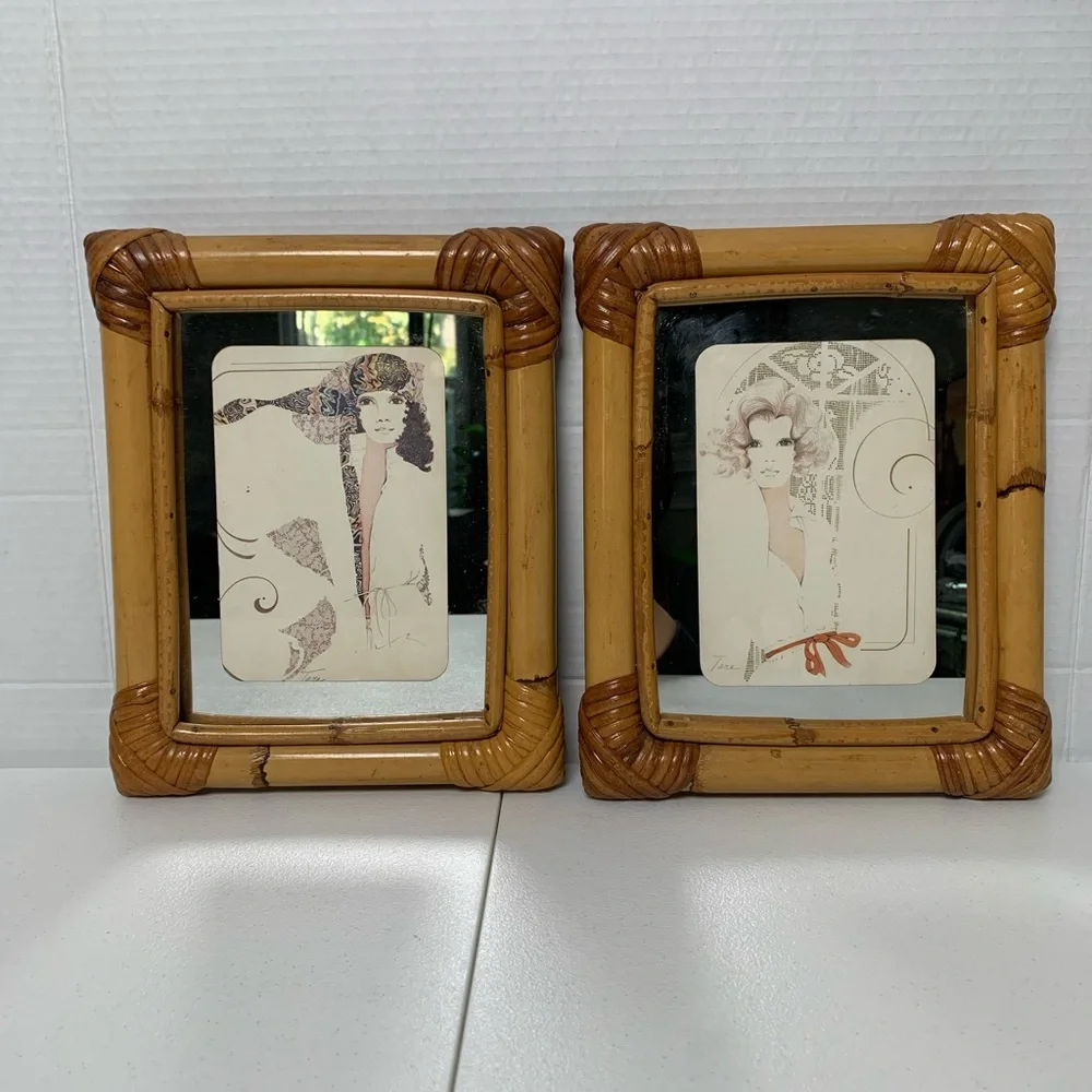 Pair of Vintage Bamboo Frames with Mirror/1960s Female Prints